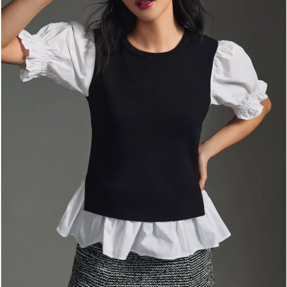 Anthropologie Layered Poplin-Sleeve Sweater